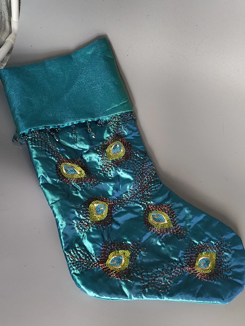 Teal Peacock-Embroidered Holiday Stocking